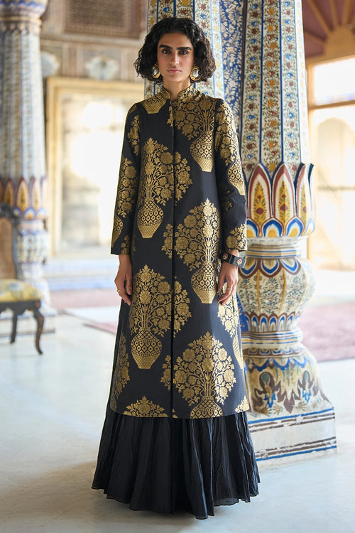 Benares Silk Brocade Jacket and Crushed Crinkle Maxi Skirt