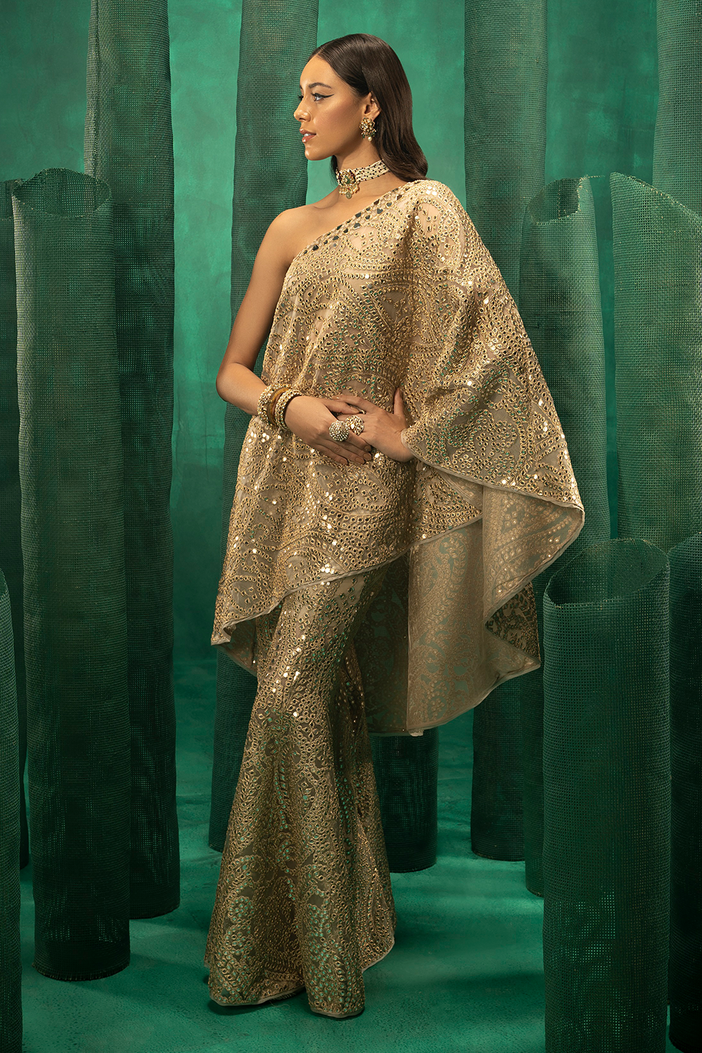 Off Shoulder Embellished Cape in Golden Zari Net with Bootcut Palazzos