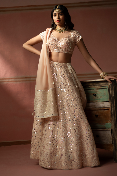 Blush Peach Mirrorwork Lehanga Set