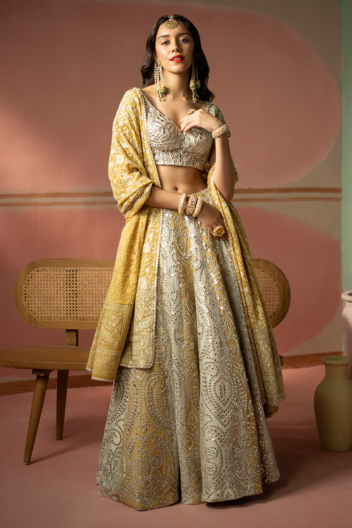 Ecru & Golden Yellow Mirrorwork Lehanga Set
