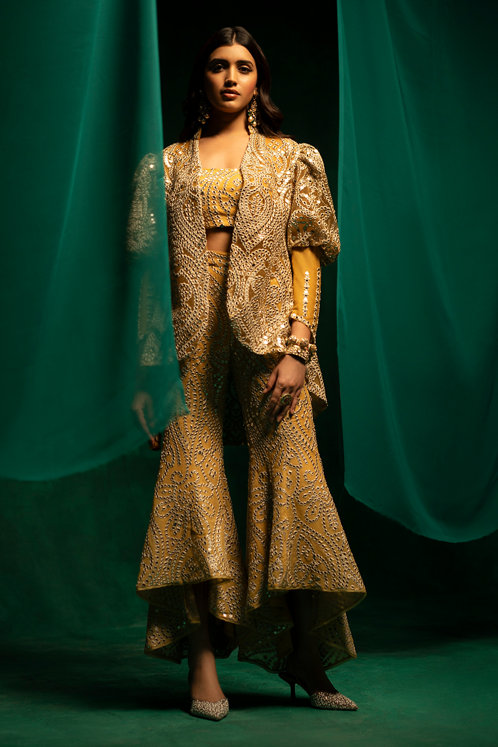 Golden Silver Jacket with Tulip Sharara and Mirrorwork Bandeau