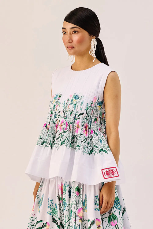 White Floral Print Cotton Peplum Top