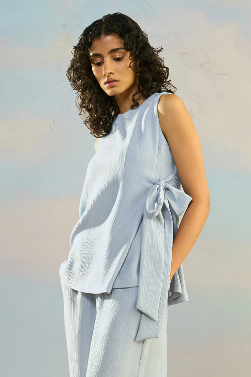 Mist Blue Textured Side-Tie Top