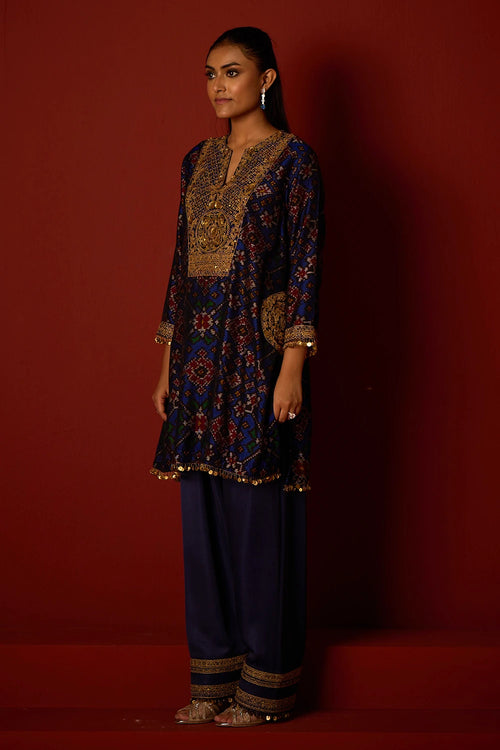 Indigo Patola Marodiwork Tunic with Farshi Salwar and Dupatta