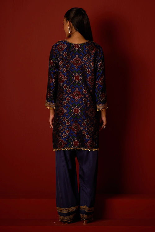 Indigo Patola Marodiwork Tunic with Farshi Salwar and Dupatta
