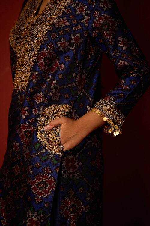 Indigo Patola Marodiwork Tunic with Farshi Salwar and Dupatta