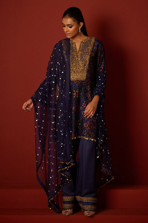 Indigo Patola Marodiwork Tunic with Farshi Salwar and Dupatta