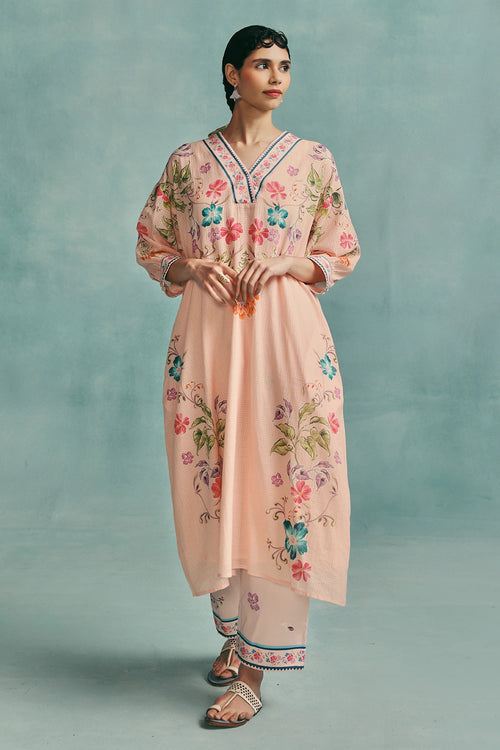 Pink Rose V-neck Kaftan Set