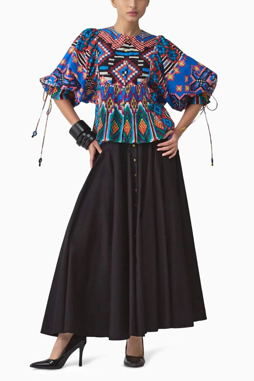 Tanya Ikat Pleat Blouse & Ria High-Waist Skirt