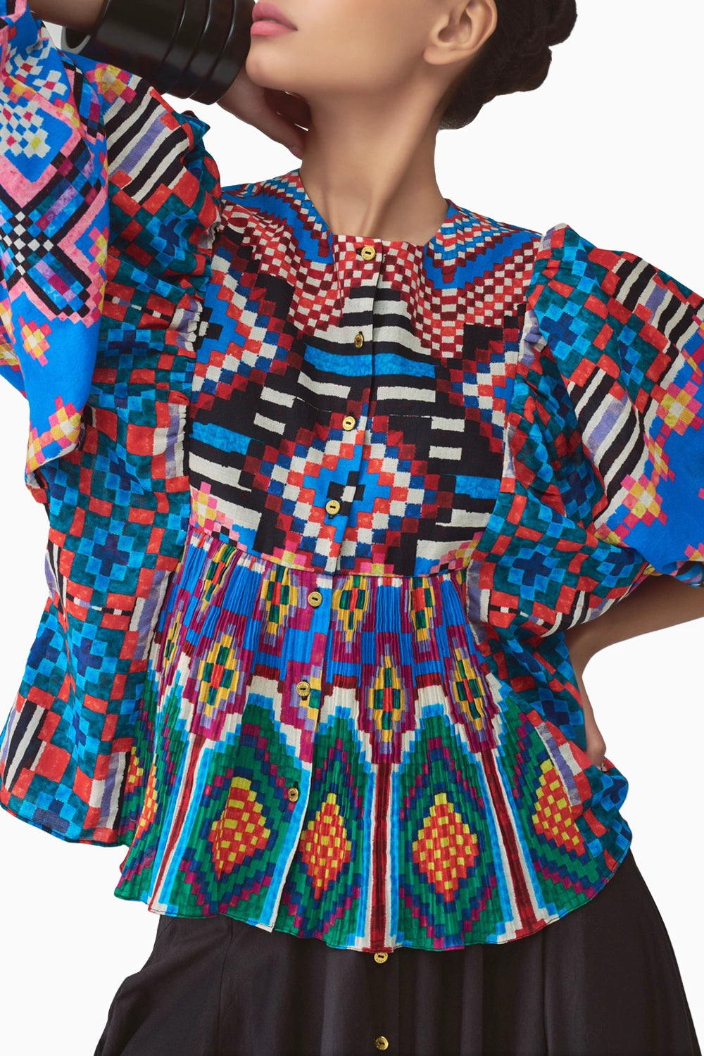 Tanya Ikat Pleat Blouse & Ria High-Waist Skirt