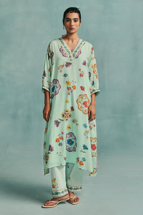 Blue Daisy V-neck Kaftan Set