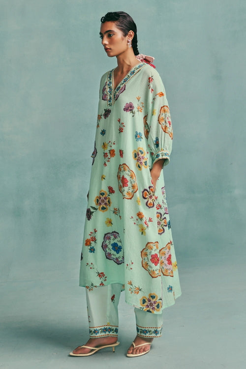 Blue Daisy V-neck Kaftan Set