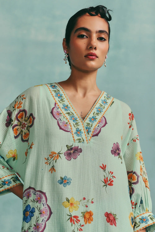 Blue Daisy V-neck Kaftan Set