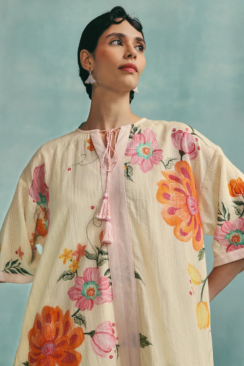 Ecru Dahlia Round Neck Kaftan Set