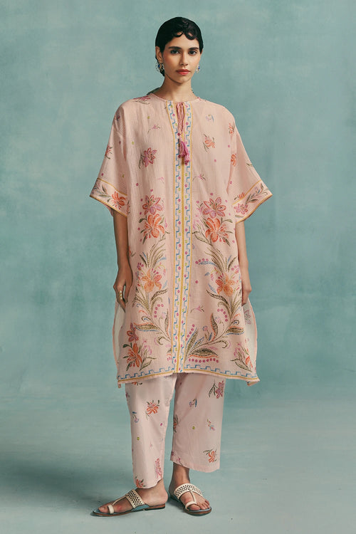 Pink Hibiscus Round Neck Kaftan Set