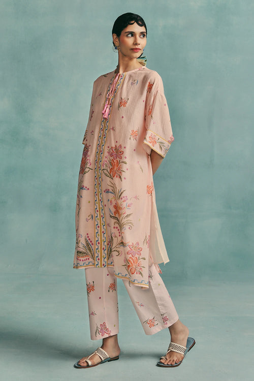 Pink Hibiscus Round Neck Kaftan Set