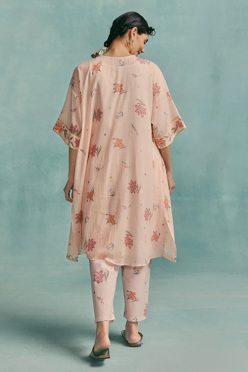 Pink Hibiscus Round Neck Kaftan Set