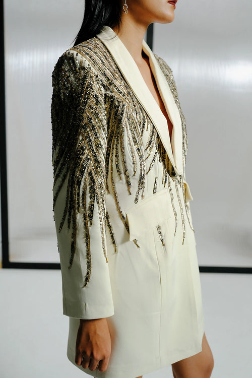 Ivory Blazer Dress with Crystal-Sequin Detailing