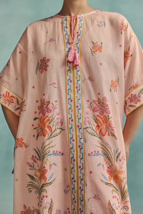 Pink Hibiscus Round Neck Kaftan Set