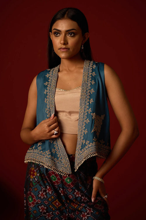 Teal Satin Silk Asymmetrical Gilet