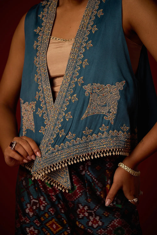 Teal Satin Silk Asymmetrical Gilet