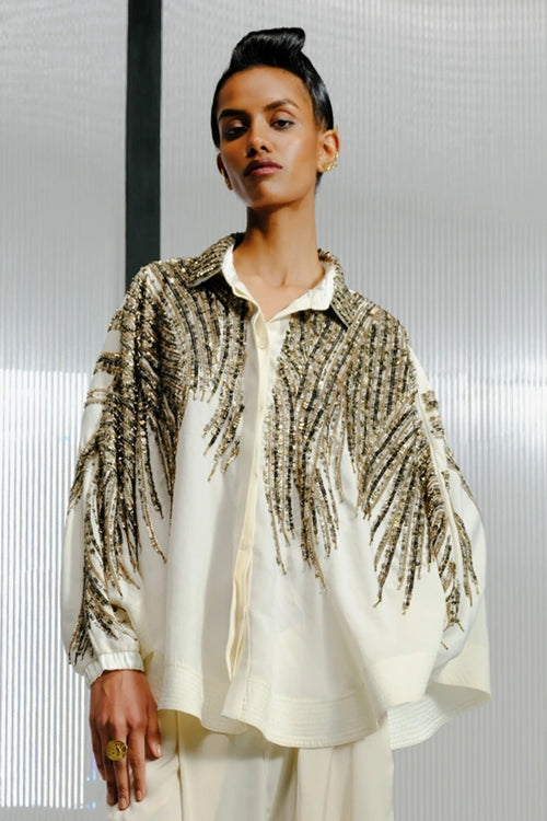 Ivory Shirt with Gold Crystal-Sequin Details
