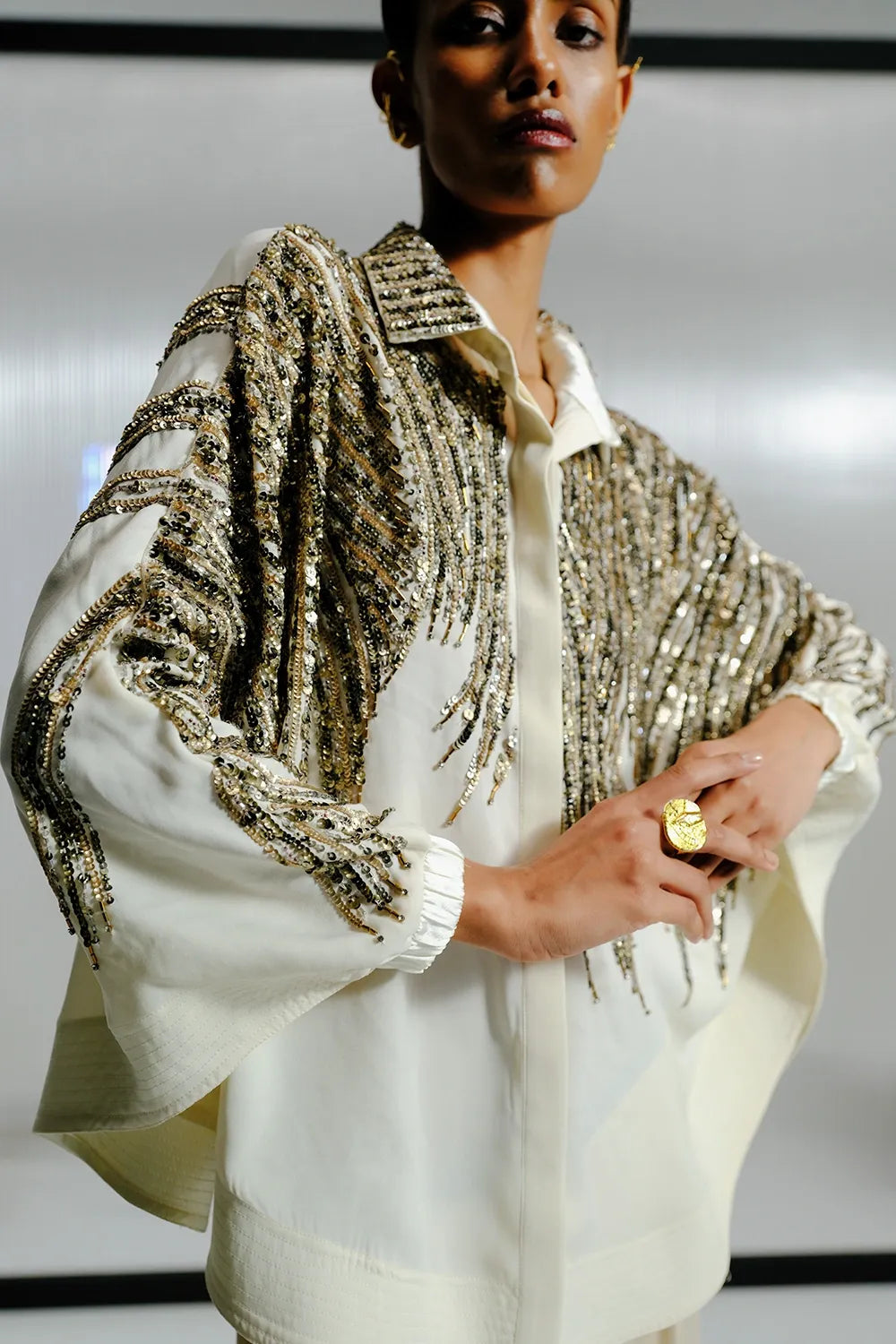 Ivory Shirt with Gold Crystal-Sequin Details with Satin Pants