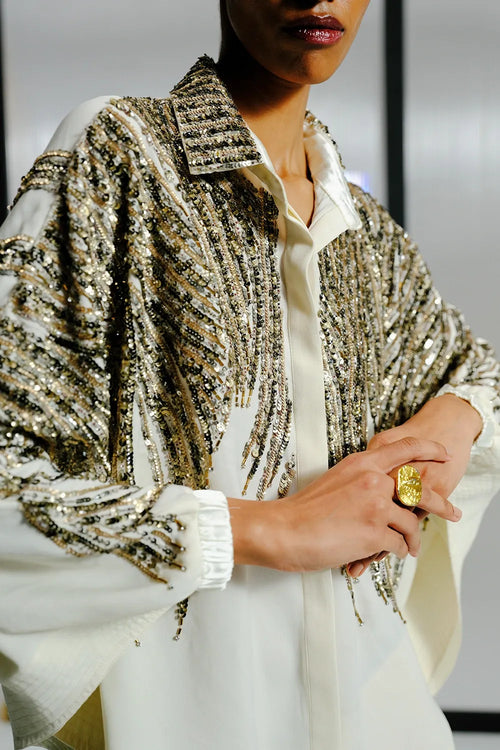 Ivory Shirt with Gold Crystal-Sequin Details