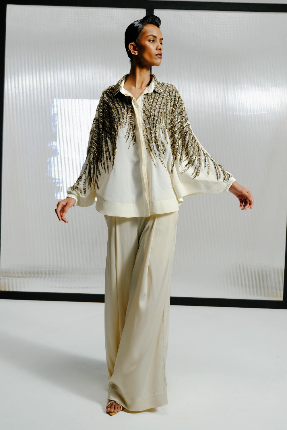 Ivory Shirt with Gold Crystal-Sequin Details with Satin Pants