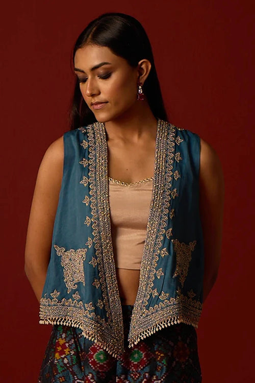 Teal Satin Silk Asymmetrical Gilet
