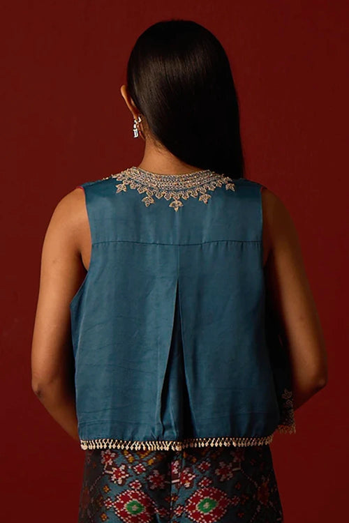 Teal Satin Silk Asymmetrical Gilet