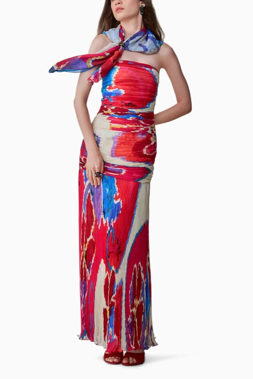 Jennifer Ikat Pleat Sleeveless Gown