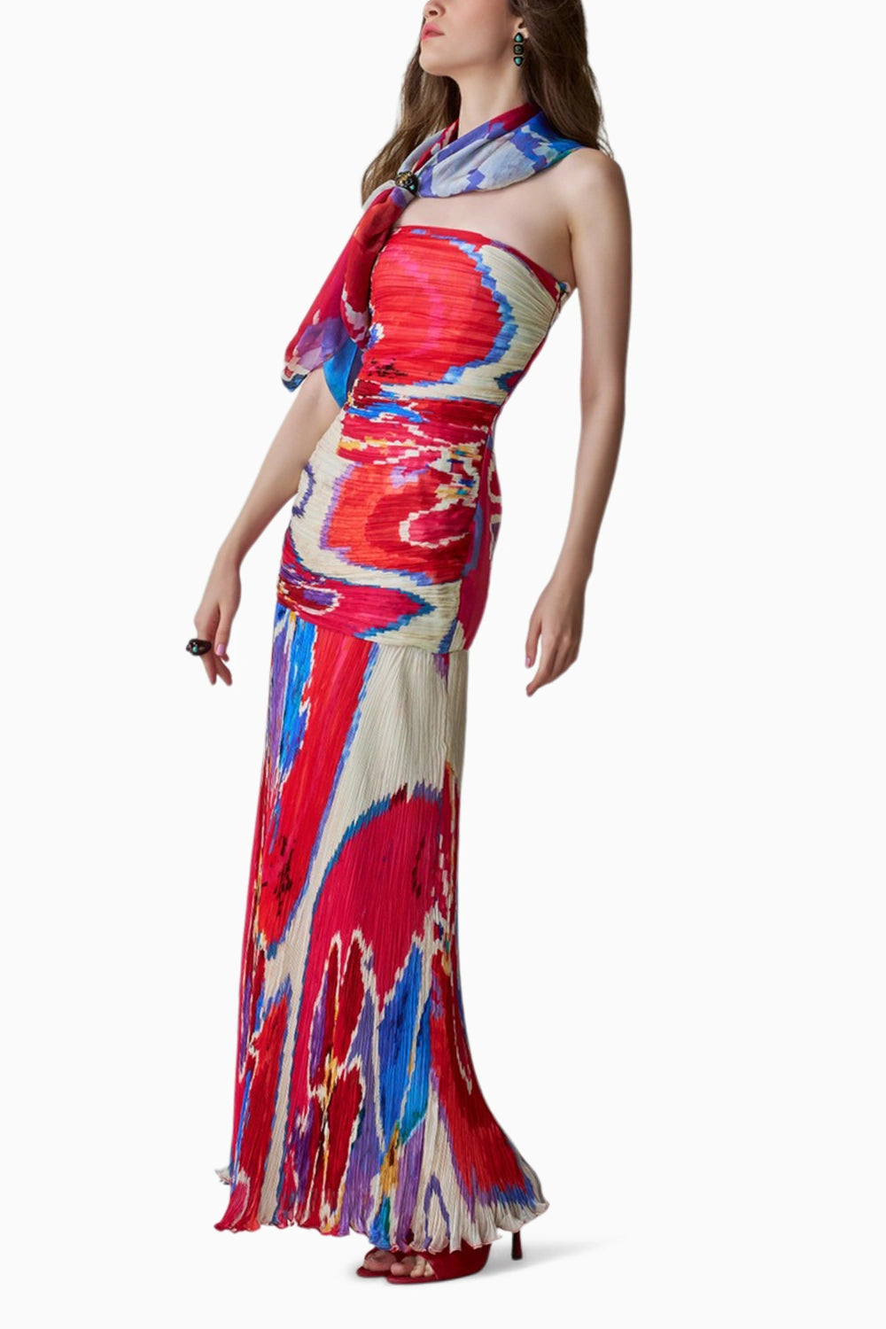 Jennifer Ikat Pleat Sleeveless Gown