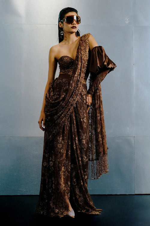 Brown Bead Embellished Sari Set with Accessories