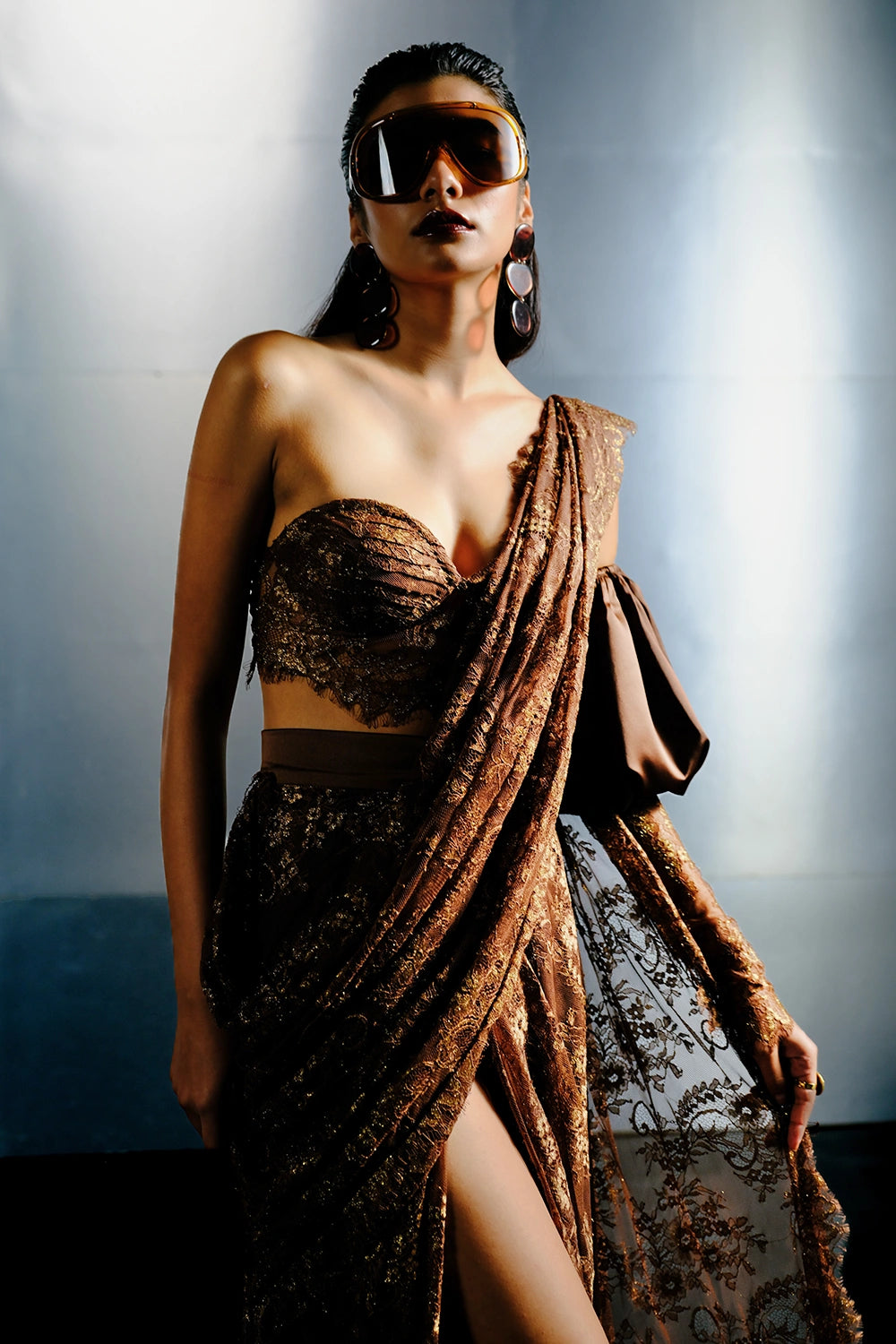 Brown Bead Embellished Sari Set with Accessories