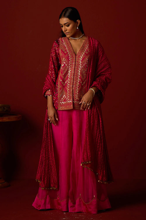 Pink Patola Marodiwork Peplum Jacket with Sharara and Dupatta