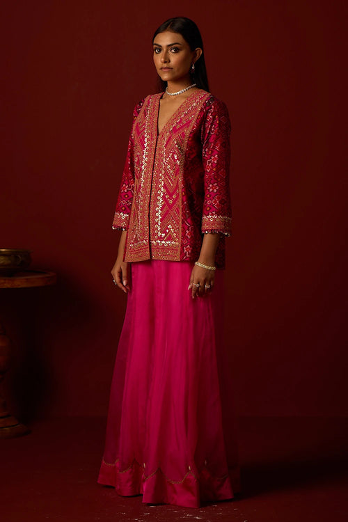 Pink Patola Marodiwork Peplum Jacket with Sharara and Dupatta