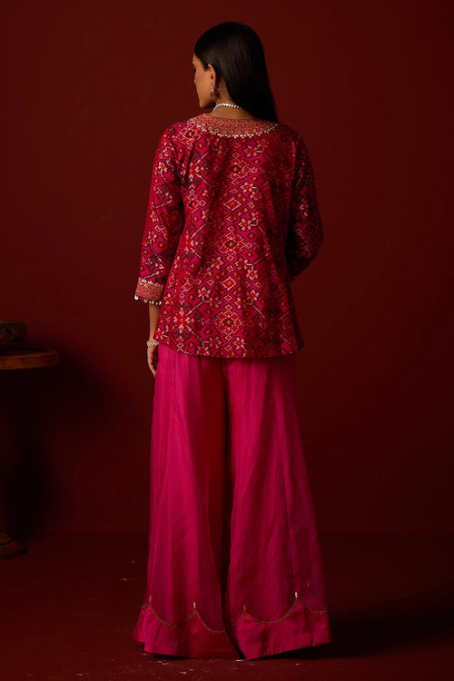 Pink Patola Marodiwork Peplum Jacket with Sharara and Dupatta