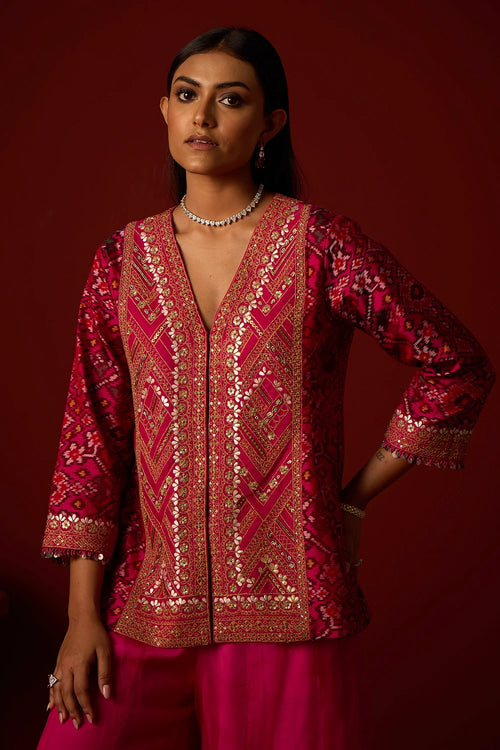 Pink Patola Marodiwork Peplum Jacket with Sharara and Dupatta