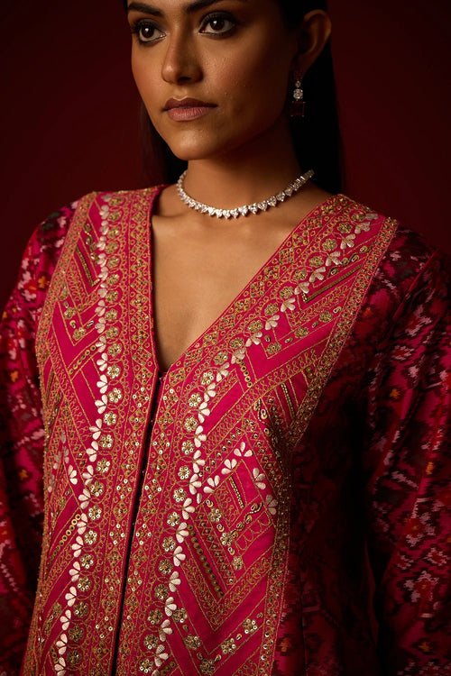Rani Pink Patola Peplum Jacket With Marodiwork