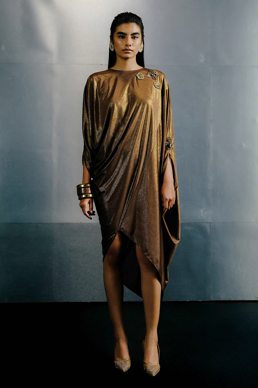 Brown Lurex Relaxed Fit Drape Dress