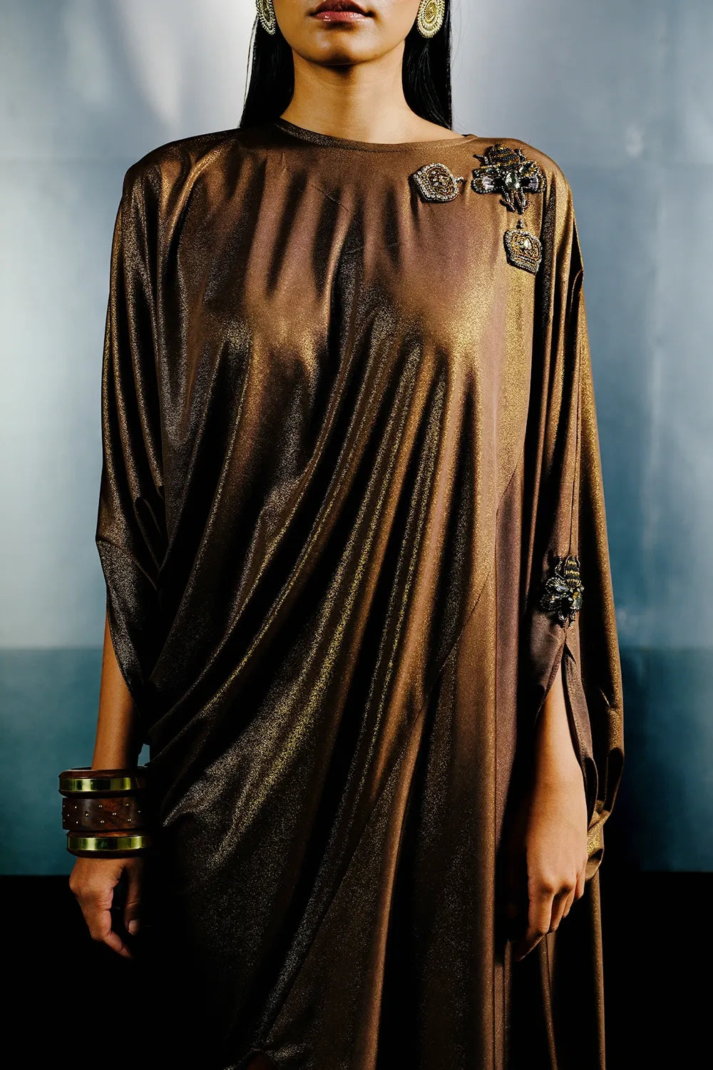 Brown Lurex Relaxed Fit Drape Dress
