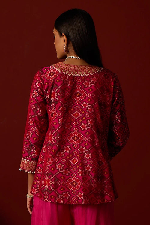 Rani Pink Patola Peplum Jacket With Marodiwork