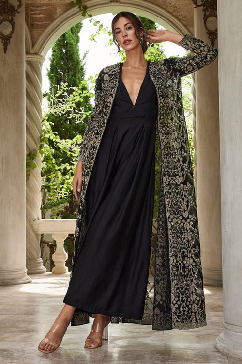 Black Embroidered Jacket with Plain Jumpsuit