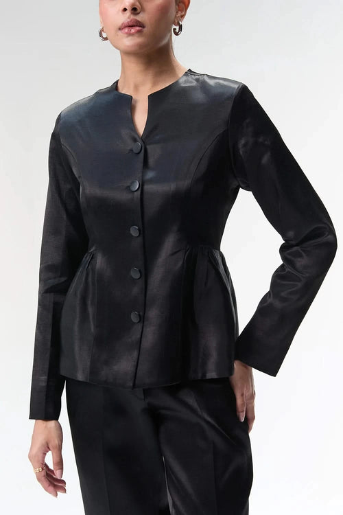 Black Peplum Jacket With Side Gathers and Tapered Trouser