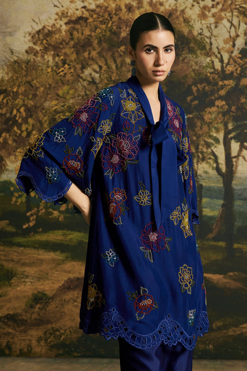 Cobalt Blue Blossom Tunic With Pants