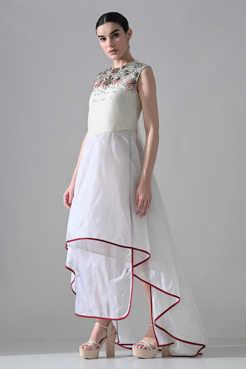Ivory-White High Low Dress With Ornate