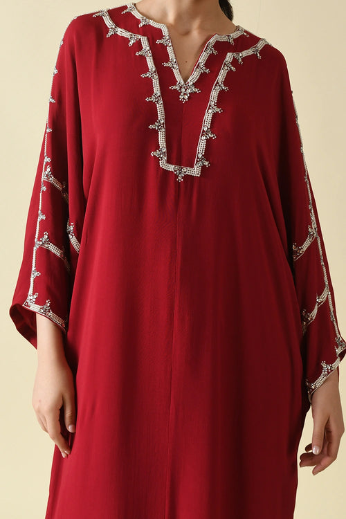 Red Viscose Georgette Moti Work Kaftan