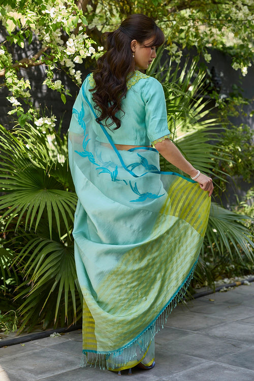Playful Flight Blue Jamdani Saree With Blouse