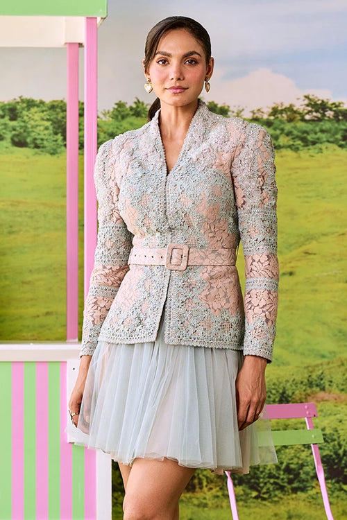 Powder Blue And Beige Emily Short Skirt Set